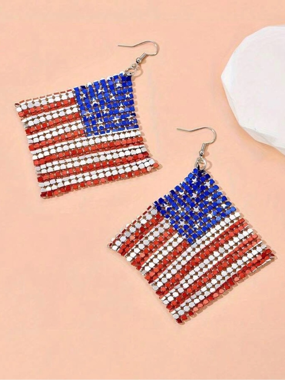 American Flag Sequin Dangle Earrings - Patriotic Red, White & Blue - Picture 4 of 6